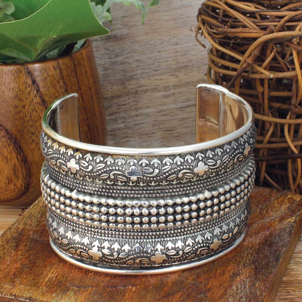 Silver Wide Embossed Floral Cuff Bracelet